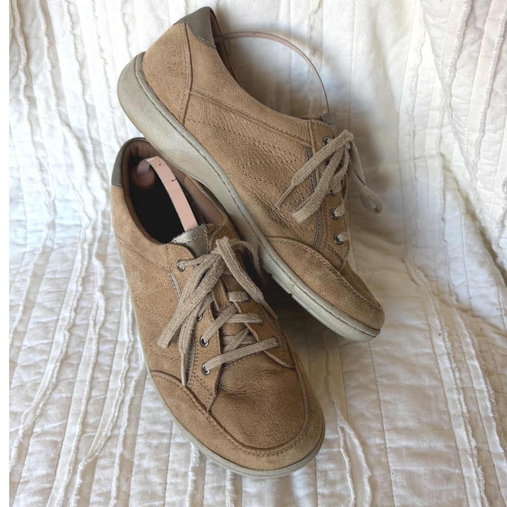 Aravon Bromly Walking Shoes Tan Suede Metallic Lace Up Sneakers Womens 8
